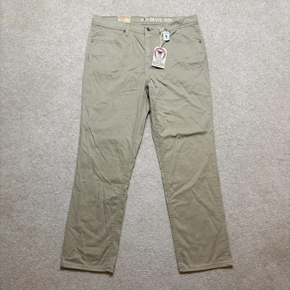 NWT Devil-Dog Dungarees Pants Mens 38x32 Beige Slim Straight Stretch Khaki WWP‎